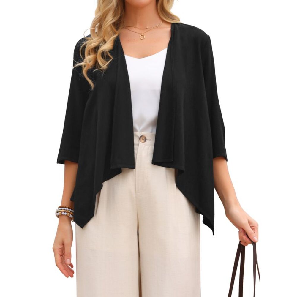 Womens Linen Cardigan Summer Open Front 3/4 Sleeve Loose Cover Ups Black